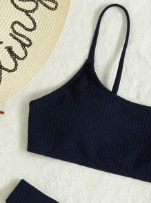 SHEIN Swim Summer Beach Solid Textured Bikini - Navy Blue - View 4