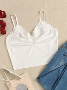 SHEIN EZwear Top de tirantes fruncido con encaje en contraste - Blanco - Ver 1