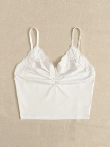 SHEIN EZwear Top de tirantes fruncido con encaje en contraste - Blanco - Ver 3