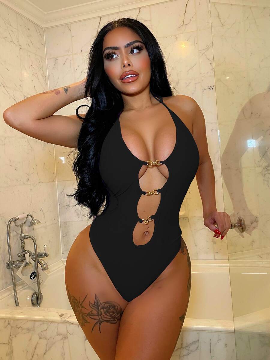 BamGleam Summer Beach Cut-Out Chain Linked One Piece Swimsuit - Black - View 1