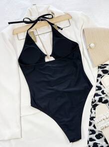 BamGleam Summer Beach Cut-Out Chain Linked One Piece Swimsuit - Black - View 2