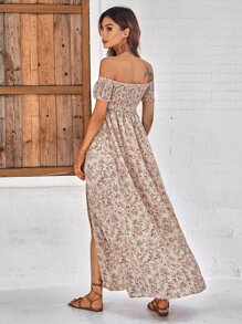 SHEIN LUNE Off Shoulder Ditsy Floral High Split Dress - Multicolor - View 2