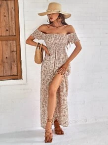 SHEIN LUNE Off Shoulder Ditsy Floral High Split Dress - Multicolor - View 4