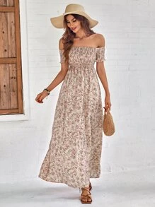 SHEIN LUNE Off Shoulder Ditsy Floral High Split Dress - Multicolor - View 6