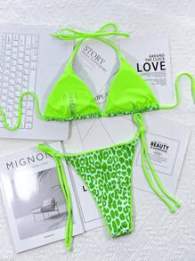 Conjunto de bikini triangular con cuello halter de estampado de leopardo, para verano y vacaciones en la playa - Verde Lima - Ver 2