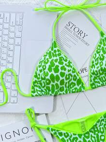 Conjunto de bikini triangular con cuello halter de estampado de leopardo, para verano y vacaciones en la playa - Verde Lima - Ver 3
