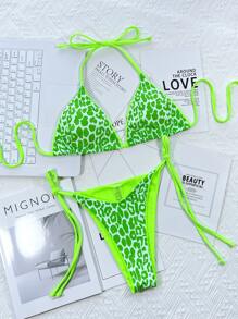 Conjunto de bikini triangular con cuello halter de estampado de leopardo, para verano y vacaciones en la playa - Verde Lima - Ver 4