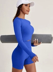 Easithlete Bộ đồ thể thao tập luyện cho nữ, co giãn cao, nhanh khô, có lỗ xỏ ngón cái - Xanh đậm - Xem 3