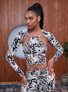 SHEIN Floral Print Backless Tee - Black and White - View 3