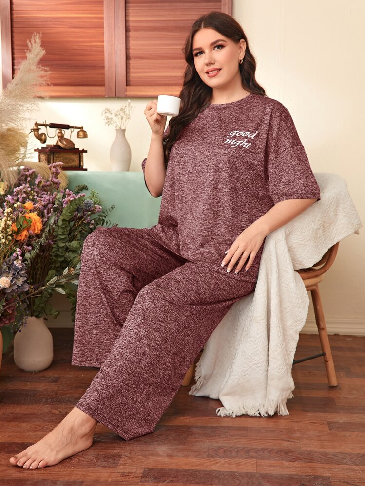 SHEIN Unity Plus Marled Knit Slogan Graphic Drop Shoulder Tee & Pants PJ Set - Redwood - View 1