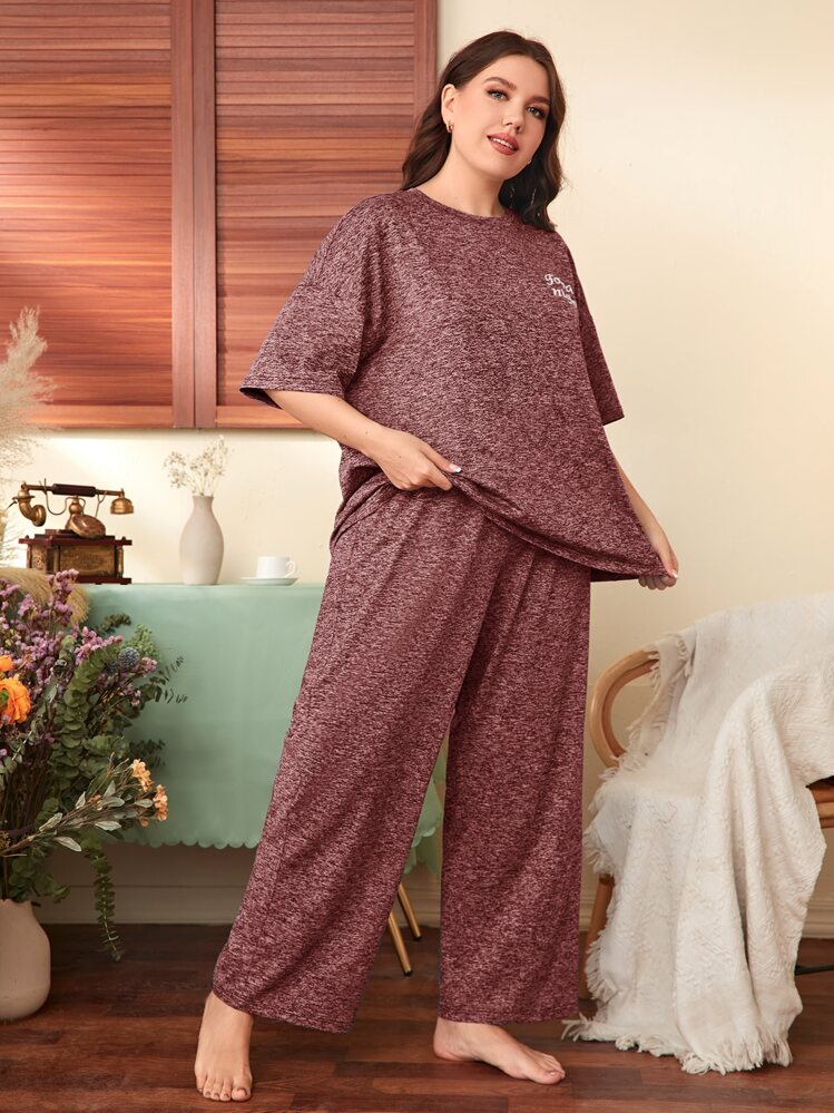 SHEIN Unity Plus Marled Knit Slogan Graphic Drop Shoulder Tee & Pants PJ Set - Redwood - View 3