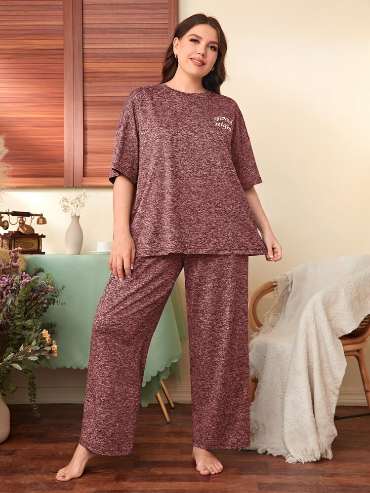 SHEIN Unity Plus Marled Knit Slogan Graphic Drop Shoulder Tee & Pants PJ Set - Redwood - View 5