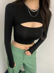 DAZY 鏤空緊身T恤 - 黑色 - 查看 2