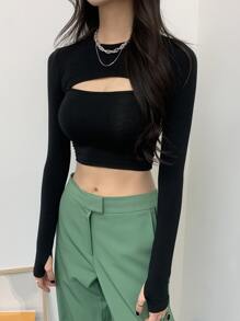 DAZY 鏤空緊身T恤 - 黑色 - 查看 3