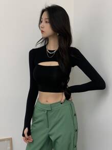 DAZY 鏤空緊身T恤 - 黑色 - 查看 4