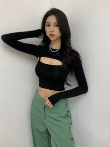 DAZY 鏤空緊身T恤 - 黑色 - 查看 6