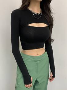 DAZY 鏤空緊身T恤 - 黑色 - 查看 7