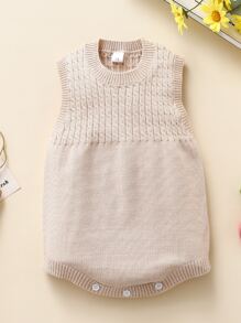 嬰兒素色麻花編織套頭毛衣連身背心 - 杏色 - 查看 1