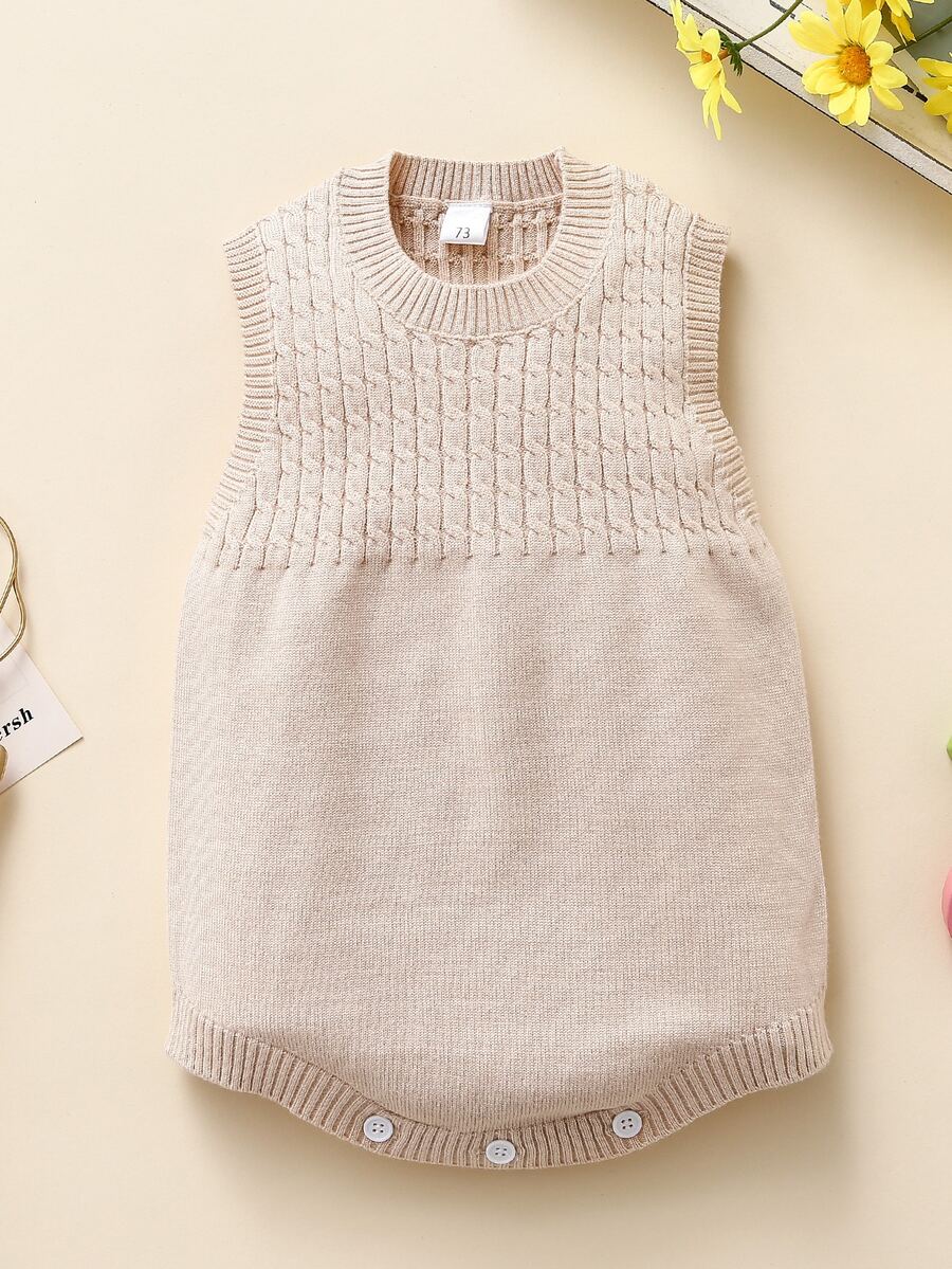嬰兒素色麻花編織套頭毛衣連身背心 - 杏色 - 查看 1