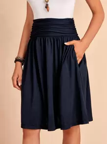 EMERY ROSE Falda fruncido de cintura ancha con bolsillo oculto - Azul Marino - Ver 5