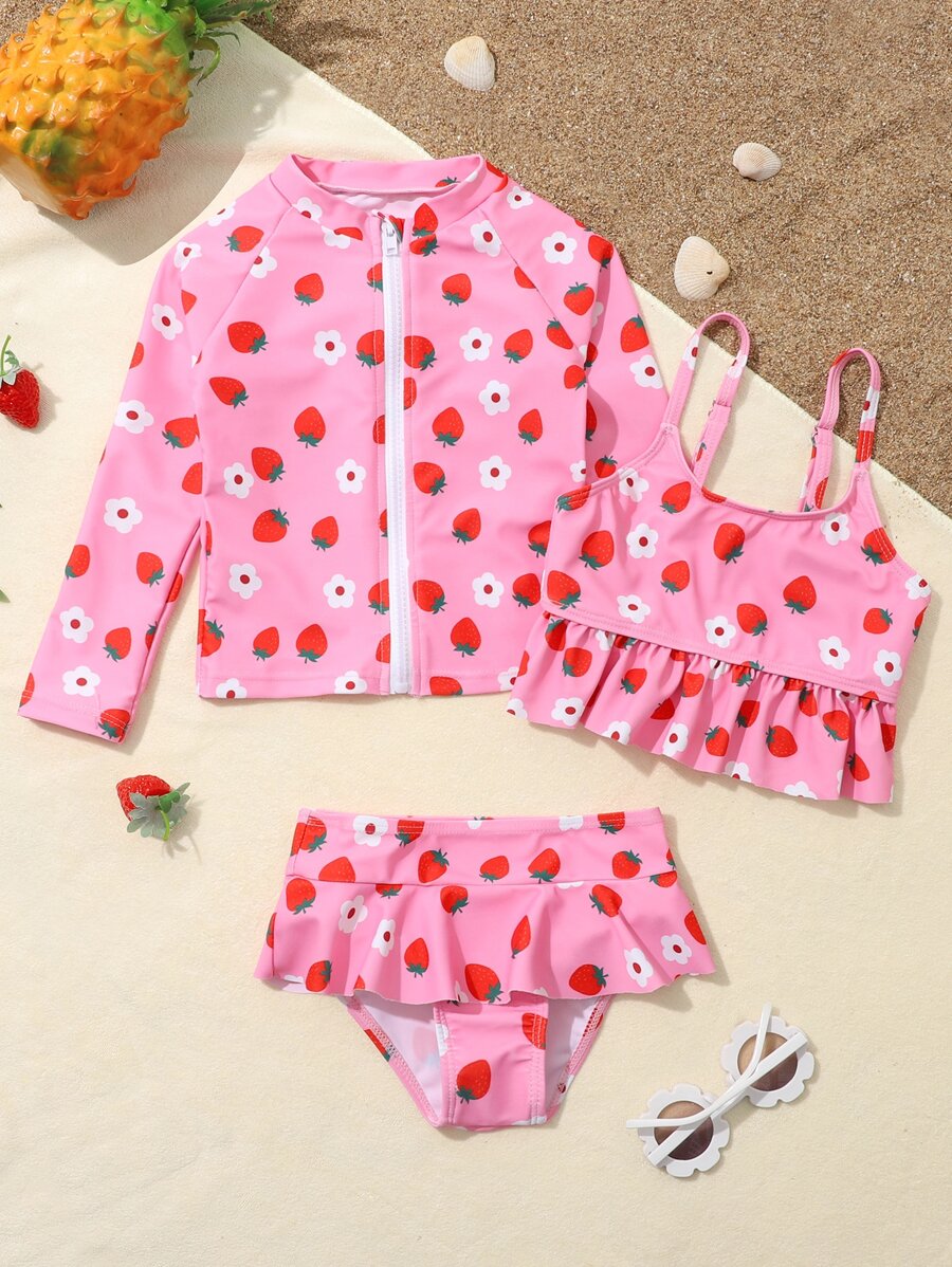 Young Girl 3packs Random Strawberry Print Bikini Set Summer Beach - Pink - View 1