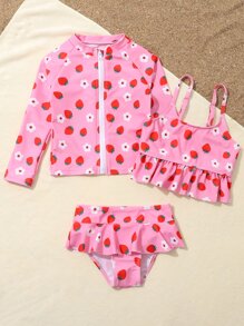 Young Girl 3packs Random Strawberry Print Bikini Set Summer Beach - Pink - View 5