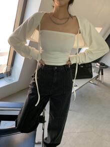 DAZY Solid Tie Front Crop Top Without Tube - Beige - View 2