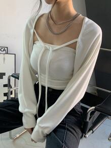 DAZY Solid Tie Front Crop Top Without Tube - Beige - View 3