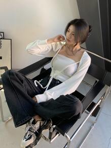 DAZY Solid Tie Front Crop Top Without Tube - Beige - View 4