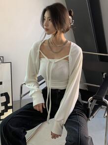 DAZY Solid Tie Front Crop Top Without Tube - Beige - View 5