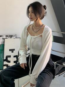 DAZY Solid Tie Front Crop Top Without Tube - Beige - View 6