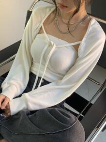 DAZY Solid Tie Front Crop Top Without Tube - Beige - View 7