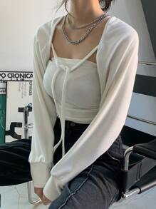 DAZY Solid Tie Front Crop Top Without Tube - Beige - View 8