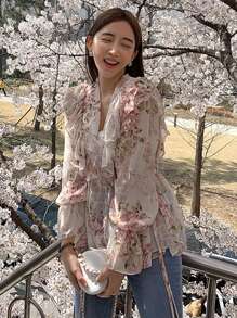 DAZY Floral Print Ruffle Trim Peplum Blouse Long Sleeve Top - Multicolor - View 4