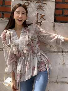 DAZY Floral Print Ruffle Trim Peplum Blouse Long Sleeve Top - Multicolor - View 5
