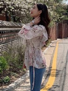 DAZY Floral Print Ruffle Trim Peplum Blouse Long Sleeve Top - Multicolor - View 8