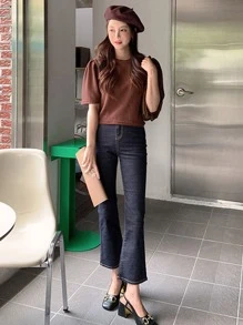 DAZY Áo thun nữ màu trơn Giải trí - Cà phê nâu - Xem 7