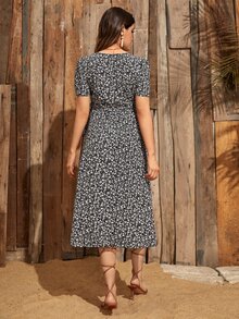 SHEIN Maternity Ditsy Floral Wrap Belted Dress - Black and White - View 2