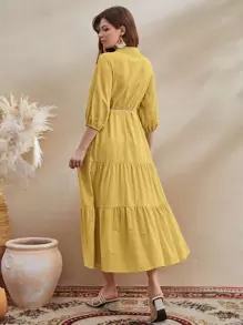 Al Najma Vestido con cinturón de cuello con cordón de manga farol con diseño de fleco bajo con fruncido