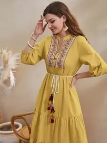 Al Najma Vestido con cinturón de cuello con cordón de manga farol con diseño de fleco bajo con fruncido
