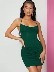 SHEIN BAE 交叉露背繫帶褶邊緊身連衣裙 - 墨綠色 - 查看 1