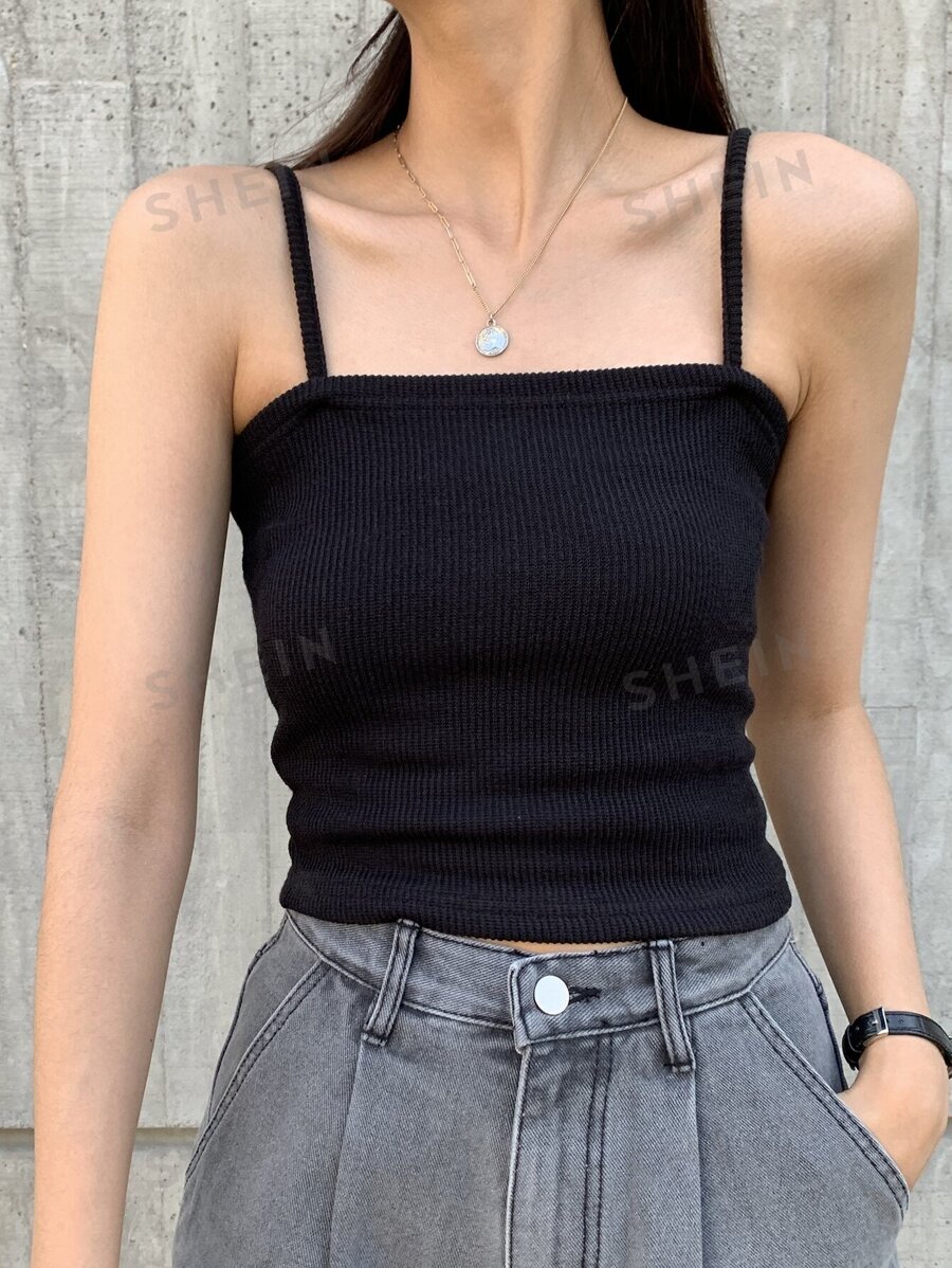 DAZY Top de canalé sólido para el verano - Negro - Ver 1