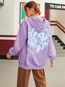 SHEIN EZwear Letter & Cartoon Face Print Drop Shoulder Drawstring Thermal Lined Hoodie - Lilac Purple - View 2