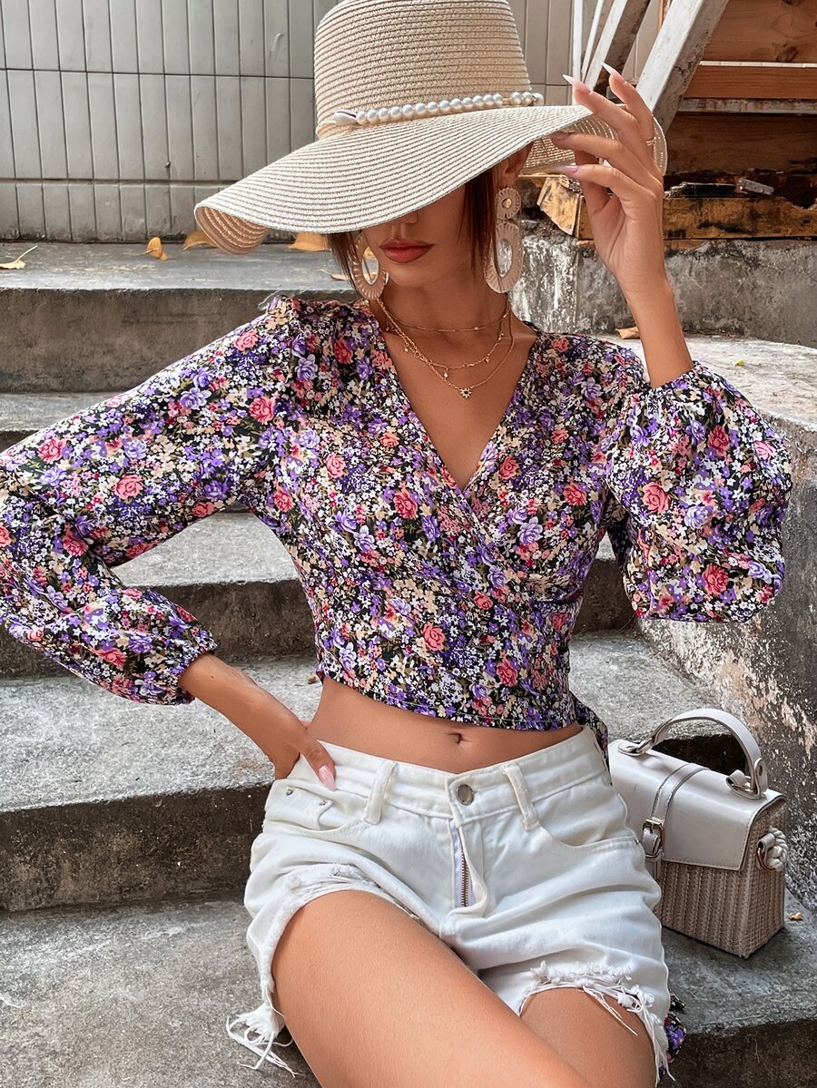 SHEIN LUNE 滿版印花圍裹側繫帶燈籠袖短款襯衫 - 彩色 - 查看 1