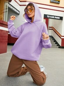 SHEIN EZwear Letter & Cartoon Face Print Drop Shoulder Drawstring Thermal Lined Hoodie - Lilac Purple - View 7