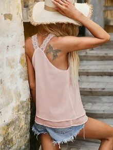 Áo hai dây Tương phản ren màu trơn Boho - Màu Hồng baby - Xem 2