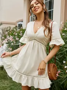 Simplee V-neck Lace Insert Ruffle Trim Dress - Beige - View 1