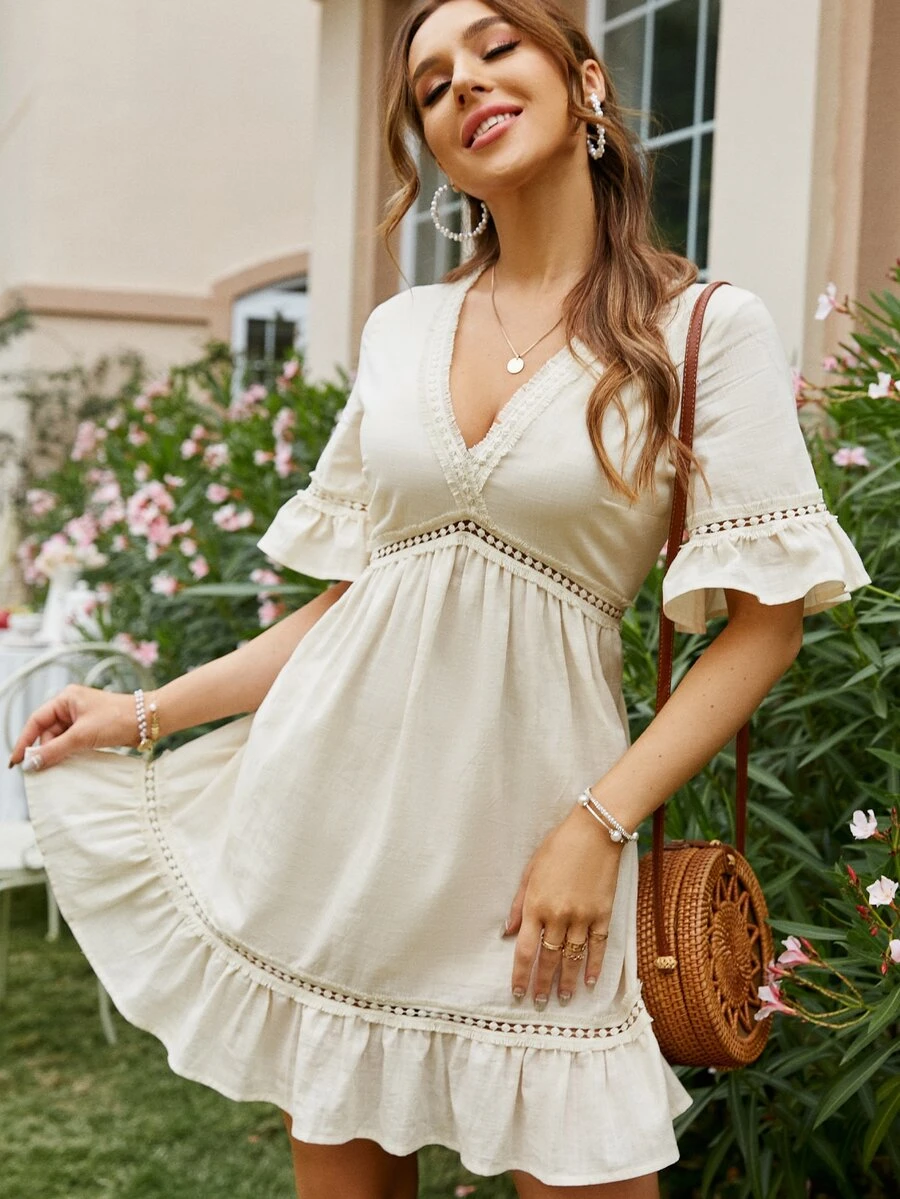 Simplee V-neck Lace Insert Ruffle Trim Dress - Beige - View 1