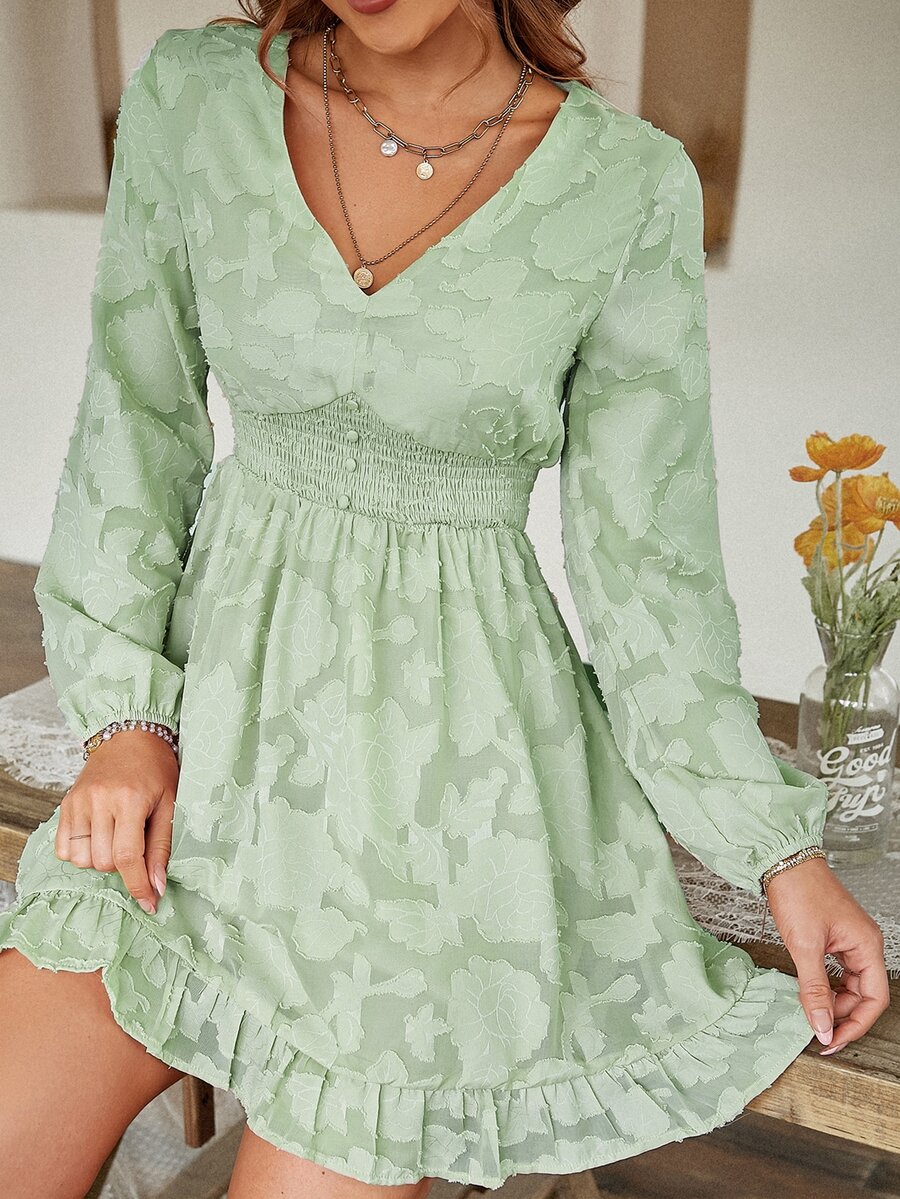 Simplee Shirred Waist Ruffle Hem Jacquard Floral Applique Dress - Mint Green - View 1
