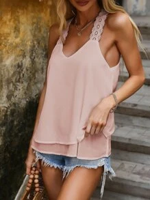 Áo hai dây Tương phản ren màu trơn Boho - Màu Hồng baby - Xem 3